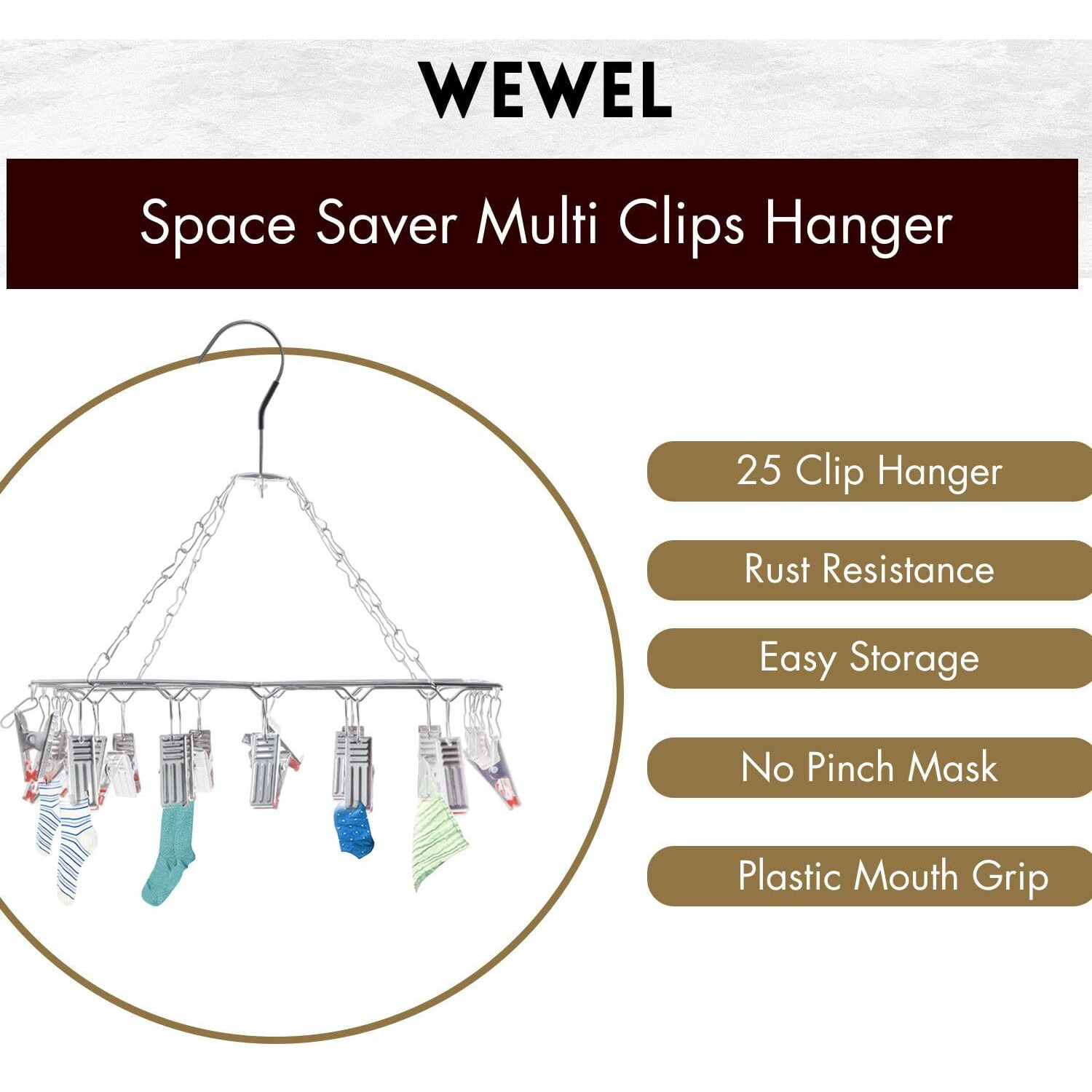 WEWEL Deluxe Square Stainless Steel Clothes Drying Hanger - Oreo Clips Heavy Quality Rust Free Pegs for Diapers, Hosiery, Socks, Undergarments, and Infant Clothes 25 pc