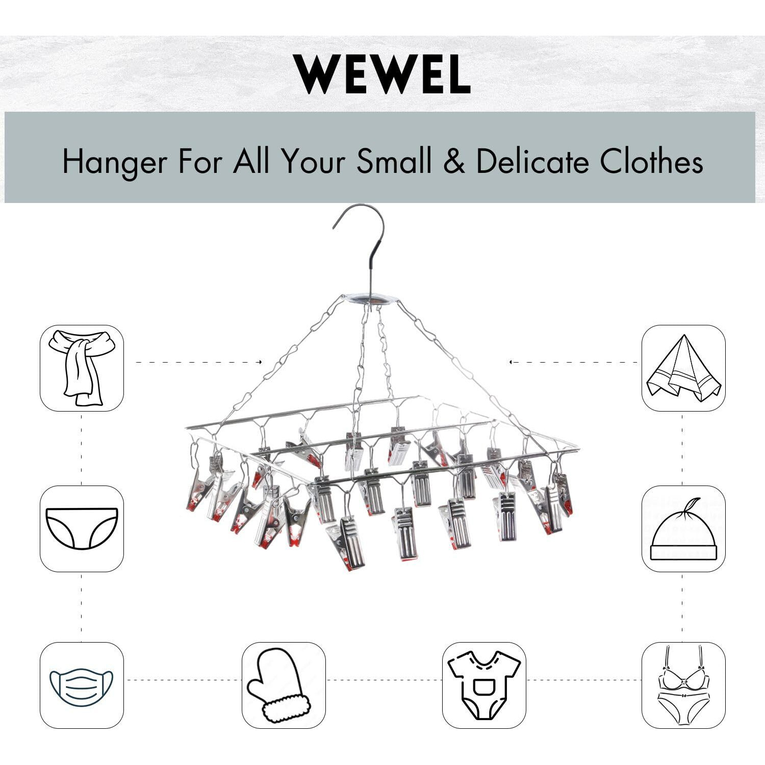 WEWEL Deluxe Square Stainless Steel Clothes Drying Hanger - Oreo Clips Heavy Quality Rust Free Pegs for Diapers, Hosiery, Socks, Undergarments, and Infant Clothes 25 pc