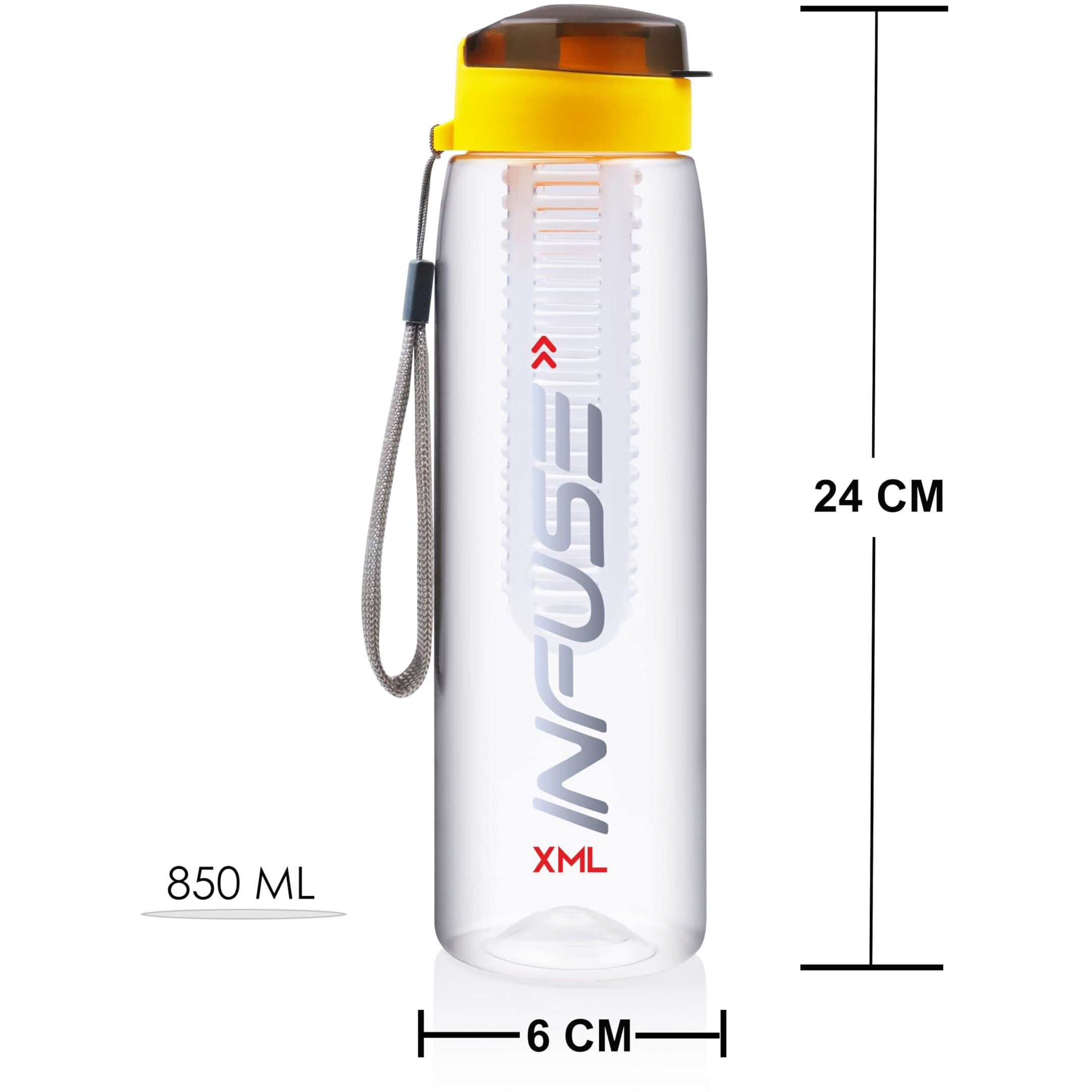 XML Fruit Infuse Water Bottle | Detox Bottle with Infuser Chamber | Leakproof Plastic Bottle Ideal for Gym, Office, Travel | 850ml Plastic (BLACK-YELLOW-2)