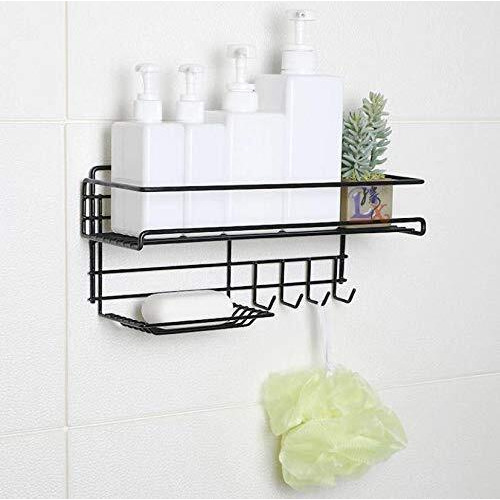 Dizgoy Self-Adhesive Shower Shelf Soap with Hooks - Rustproof Bathroom Shower Caddy Storage Organizer - Stainless Steel Shower Rack Basket for Shampoo Soap Razor (Black)