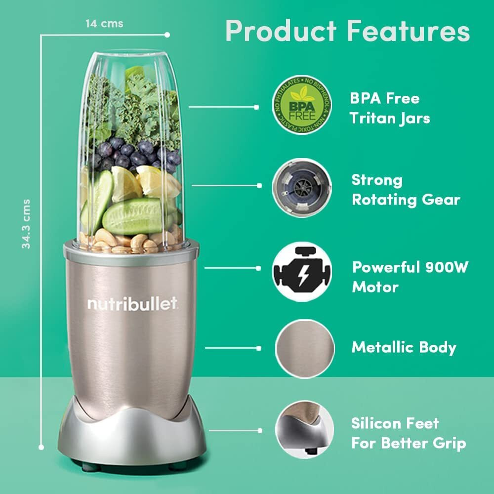 Nutribullet Pro 900W Champagne Gold, 12 Pcs Set, Usa 1 Mixer / Grinder / Smoothie Maker, The Original , Food Processor, Best Blender, 3 Unbreakable Jars, 2 Blade Set (Wet & Dry) - 900 Watts