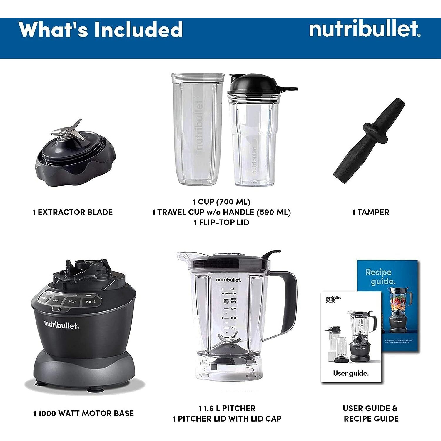 Nutribullet Plastic Combo Blender, Powerful 1000 Watts Motor, Mixer/Grinder/Smoothie Maker, Blender for Dry Grinding & Wet Blending, 2 Unbreakable Jars, 1.6L Extra Large Pitcher & Tamper, Black