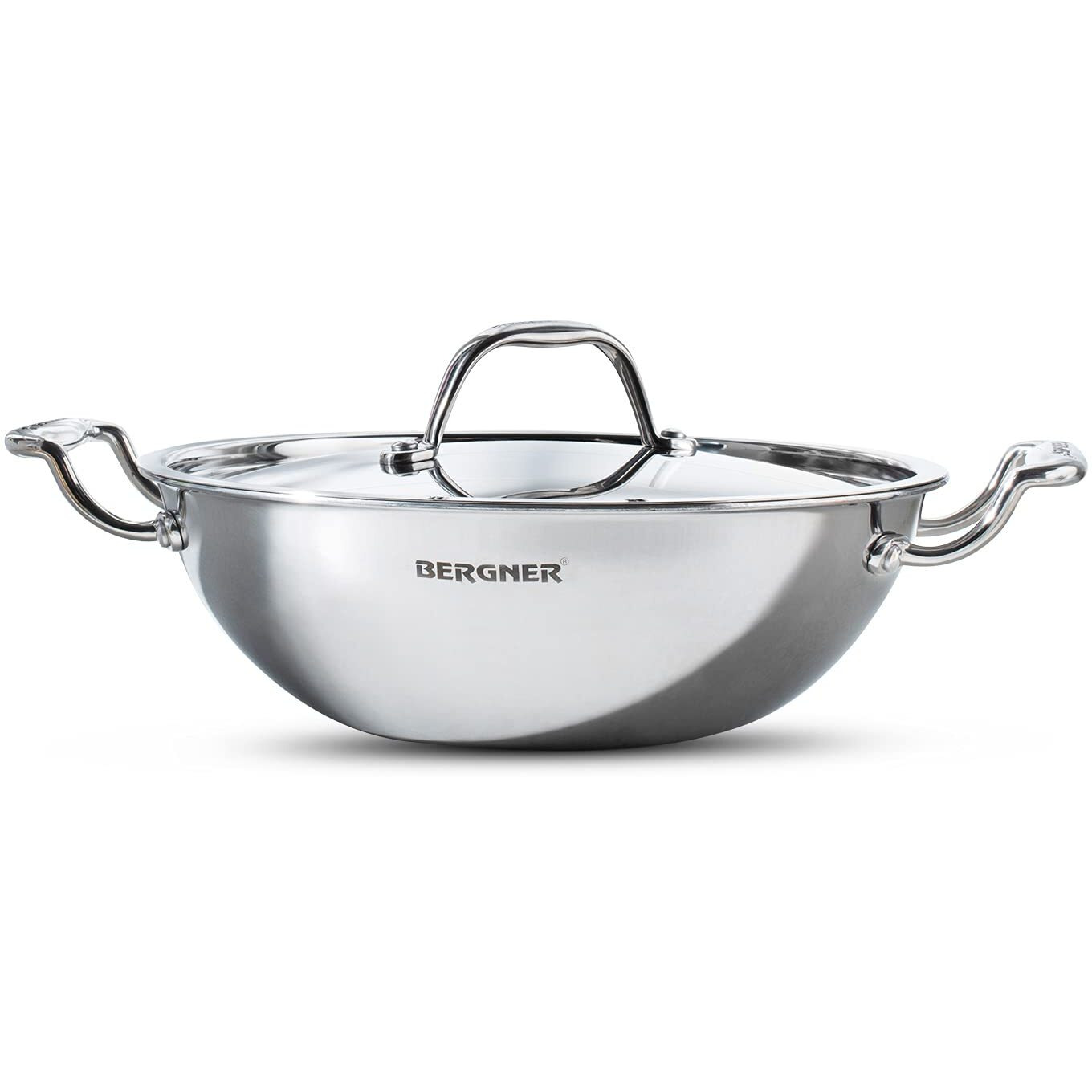 Bergner Argent TriPly 32 cm Kadai, 5.8 L Capacity, Stainless Steel Lid, For Saut/Deep Fry/Gravy/Stir Fry/Steam, Elegant Cool Touch Handles, Mirror Finish Surface, Induction & Gas Ready, 5-Year Warranty