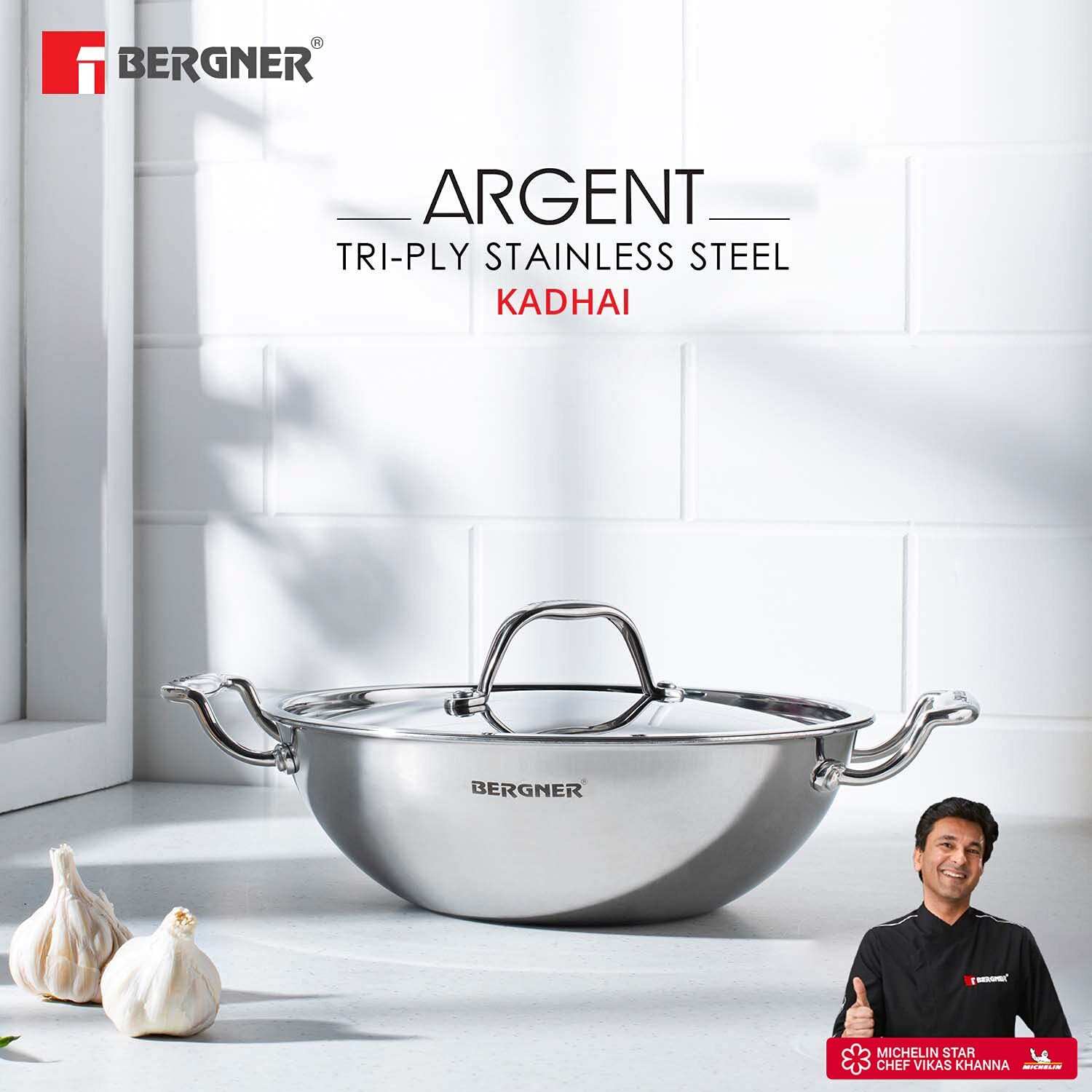 Bergner Argent TriPly 32 cm Kadai, 5.8 L Capacity, Stainless Steel Lid, For Saut/Deep Fry/Gravy/Stir Fry/Steam, Elegant Cool Touch Handles, Mirror Finish Surface, Induction & Gas Ready, 5-Year Warranty