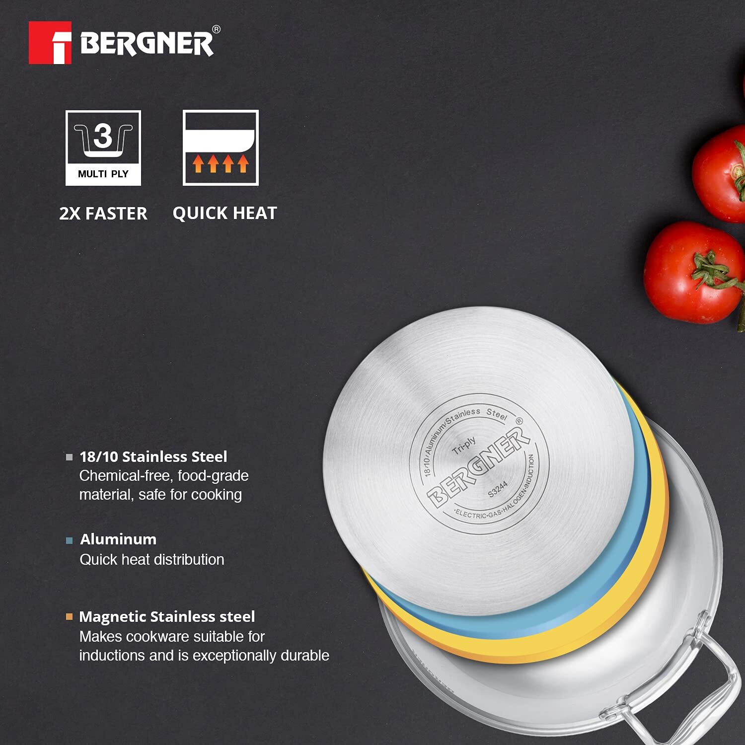 Bergner Argent TriPly 32 cm Kadai, 5.8 L Capacity, Stainless Steel Lid, For Saut/Deep Fry/Gravy/Stir Fry/Steam, Elegant Cool Touch Handles, Mirror Finish Surface, Induction & Gas Ready, 5-Year Warranty