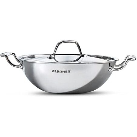 BERGNER Argent TriPly Stainless Steel 26 cm Kadai with Stainless Steel Lid, 3.5 L Kadhai/Karai with Lid, Food Safe, Stay Cool Cast Handles, Dishwasher Safe, Induction and Gas Ready, 5-Year Warranty