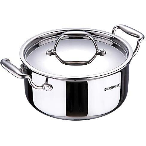 Bergner Argent TriPly Stainless Steel 24 cm Casserole with Stainless Steel Lid, 5.3 LTR Casserole, Stay Cool Cast Handle, Food Safe, Durable, Dishwasher Safe, Induction and Gas Ready, 5-Year Warranty