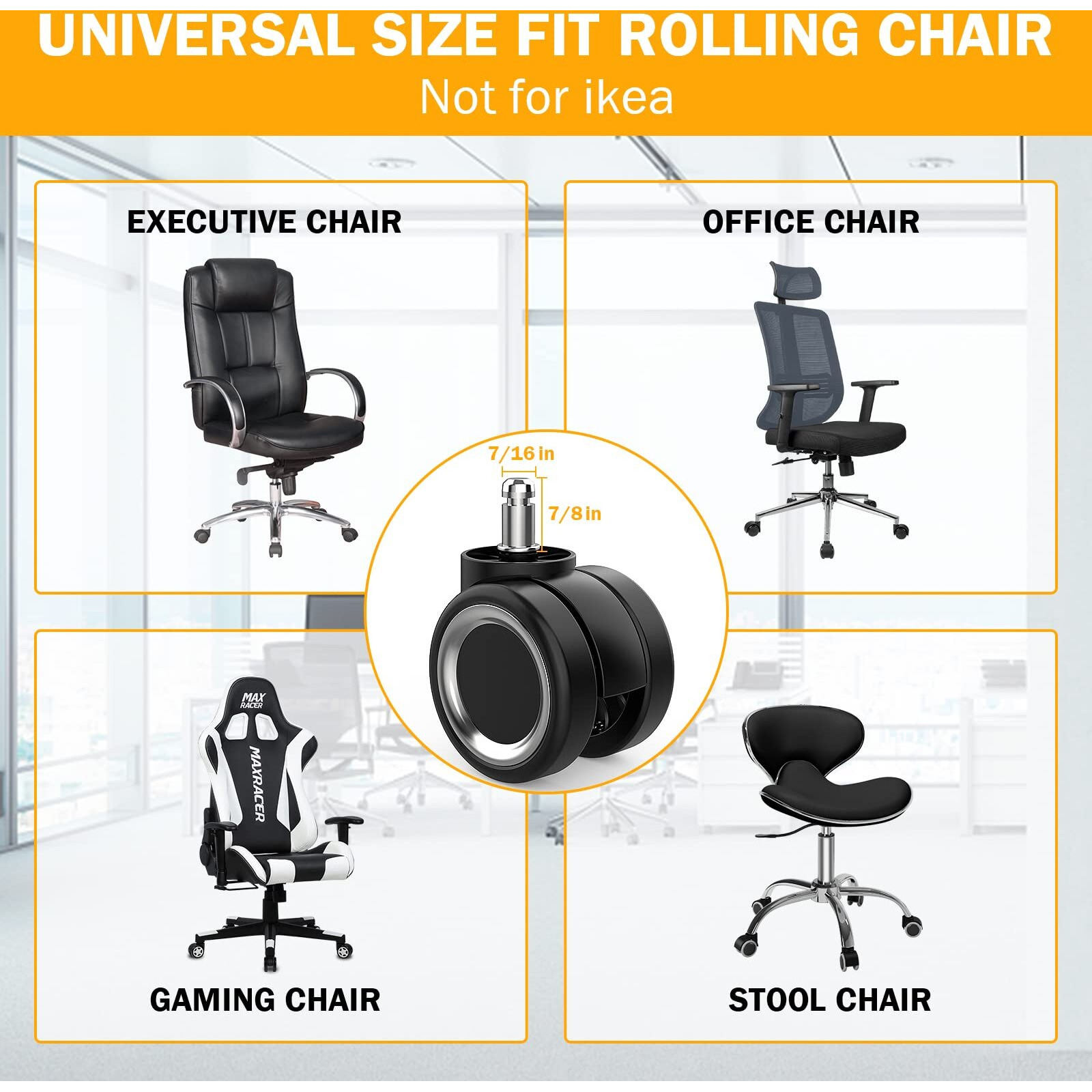 Office Chair Wheel Safe for All Floor,No Mats Needed,Heavy-Duty Chair Wheels 1000lbs, Noise Free & Smooth Gliding,Universal Fit Office Chair Casters Set of 5(Sliver)