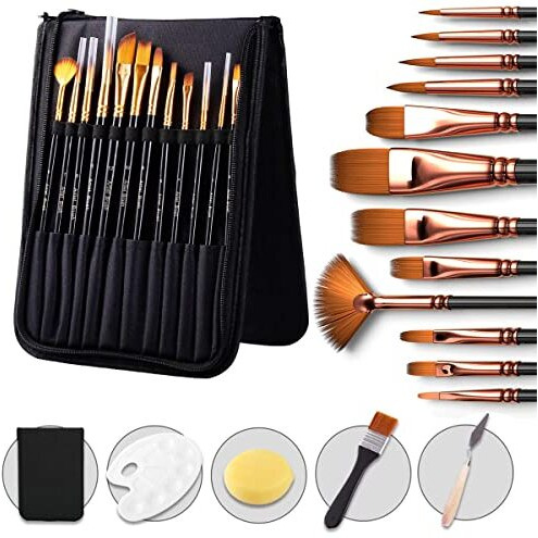 REHTRAD 12 Pieces Artist Painting Brush Set Includes Zippered Carrying Case and Knife and Palette and Paint Brush and Sponge for Acrylic (12) (Mix Set (12 Brushes), Black)