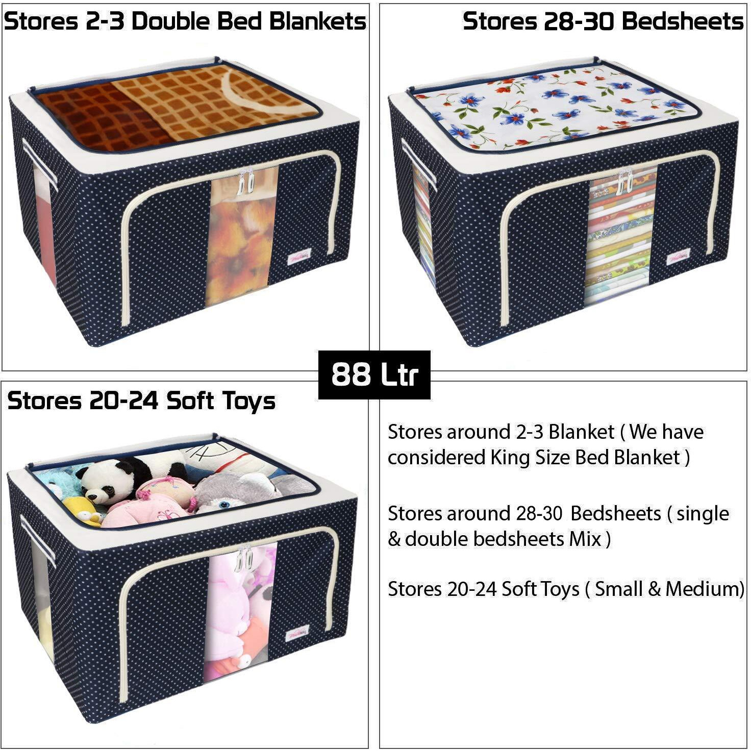 BlushBees Living Box - Large Storage Boxes for Clothes, Blanket Bag - 88 Litre, Pack of 1, Polka Dots Blue