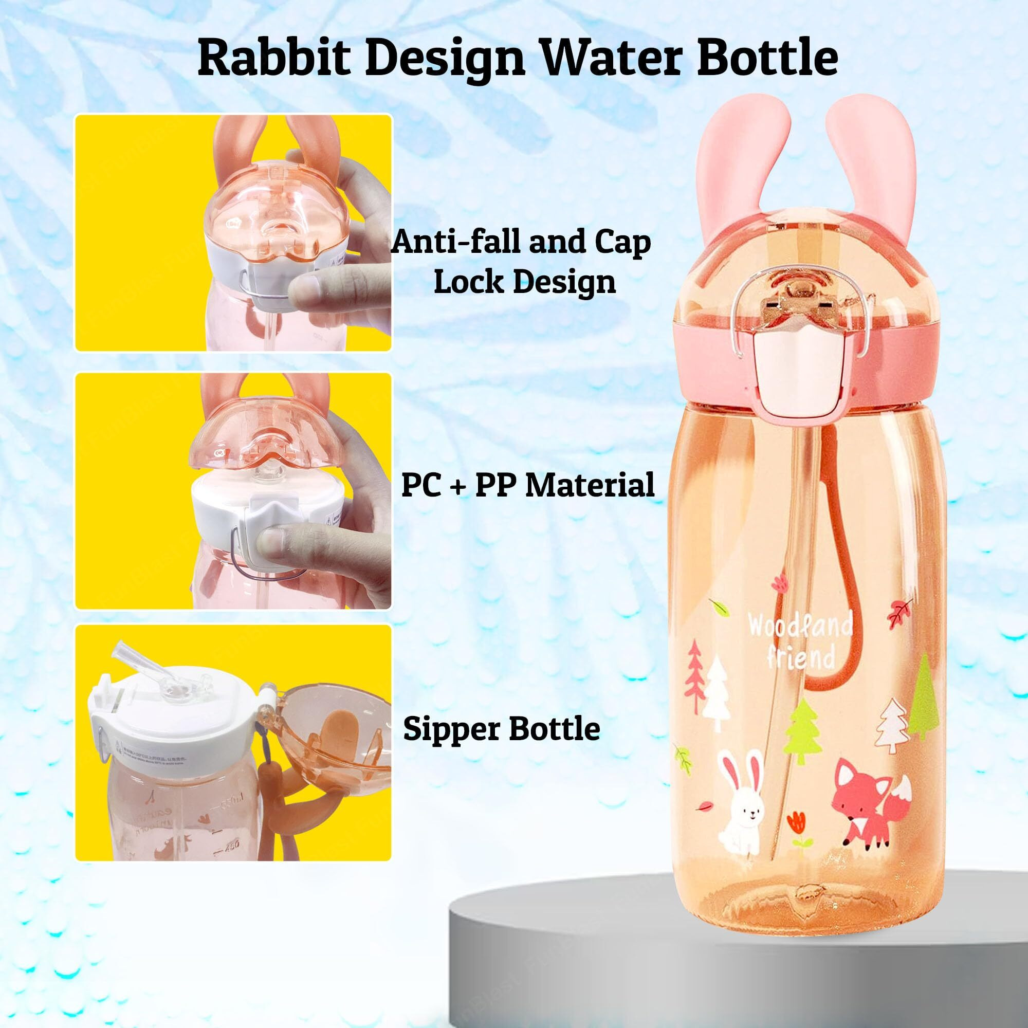 FunBlast Tritan Water Bottle For Kids, Cute Design Water Bottle With Sipper, Sipper Bottle For Kids -Anti-Leak Kids Cartoon Water Bottle For Kids - 550 Ml (Rabbit)