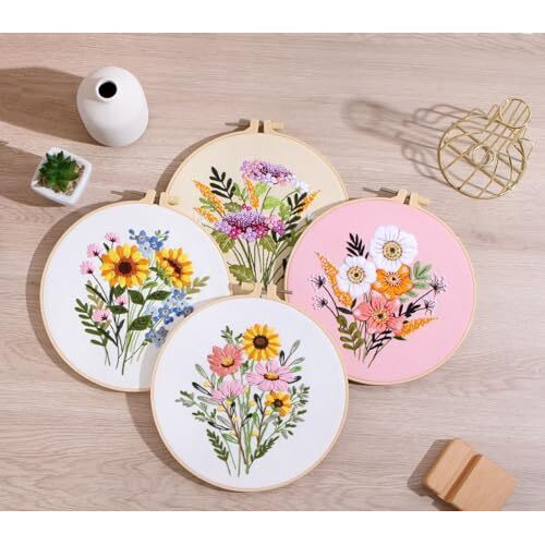 TOPPROSPER Embroidery Starter Kit with Pattern and Instructions, Cross Stitch Set, Stamped Kits Clothes Pattern, 1 Hoops (White1)