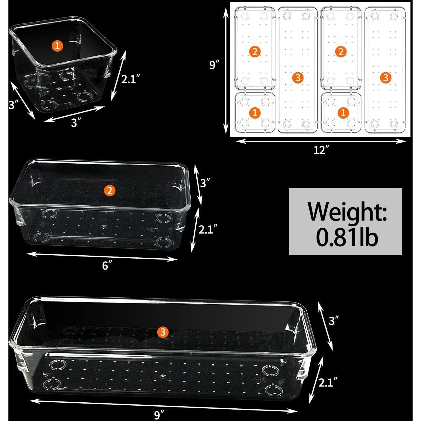 Zollyss Desk Drawer Organizer Trays Various Size Bathroom Drawer Tray Dividers Plastic Vanity Organizers Storage Bins for Makeup Dresser Kitchen Office (Clear) (6 PCS), Rectangular