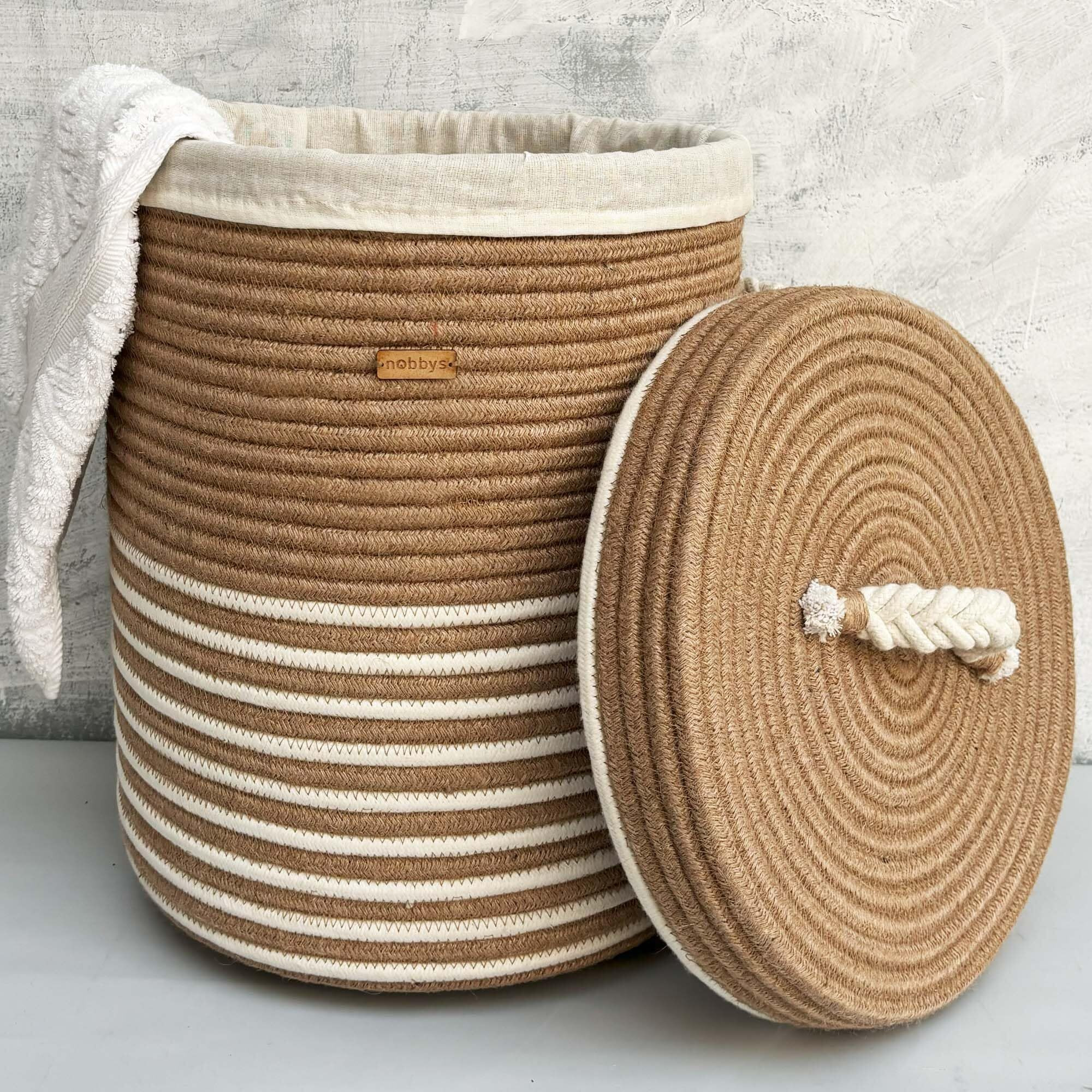 Nobbys Jute Cotton Striped Laundry Basket with Lid (14D x 18H) - 45 Litres,multicolour