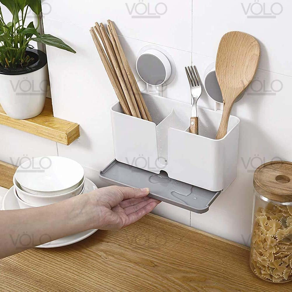 VOLO Plastic Self Adhesive Magic Sticker Wall Mounted Toothbrush Holder With Drain Tray For Bathroom/ Kitchen Spoon Holder/ Toothbrush Holders For Bathroom/Tooth Brushes Holder, White