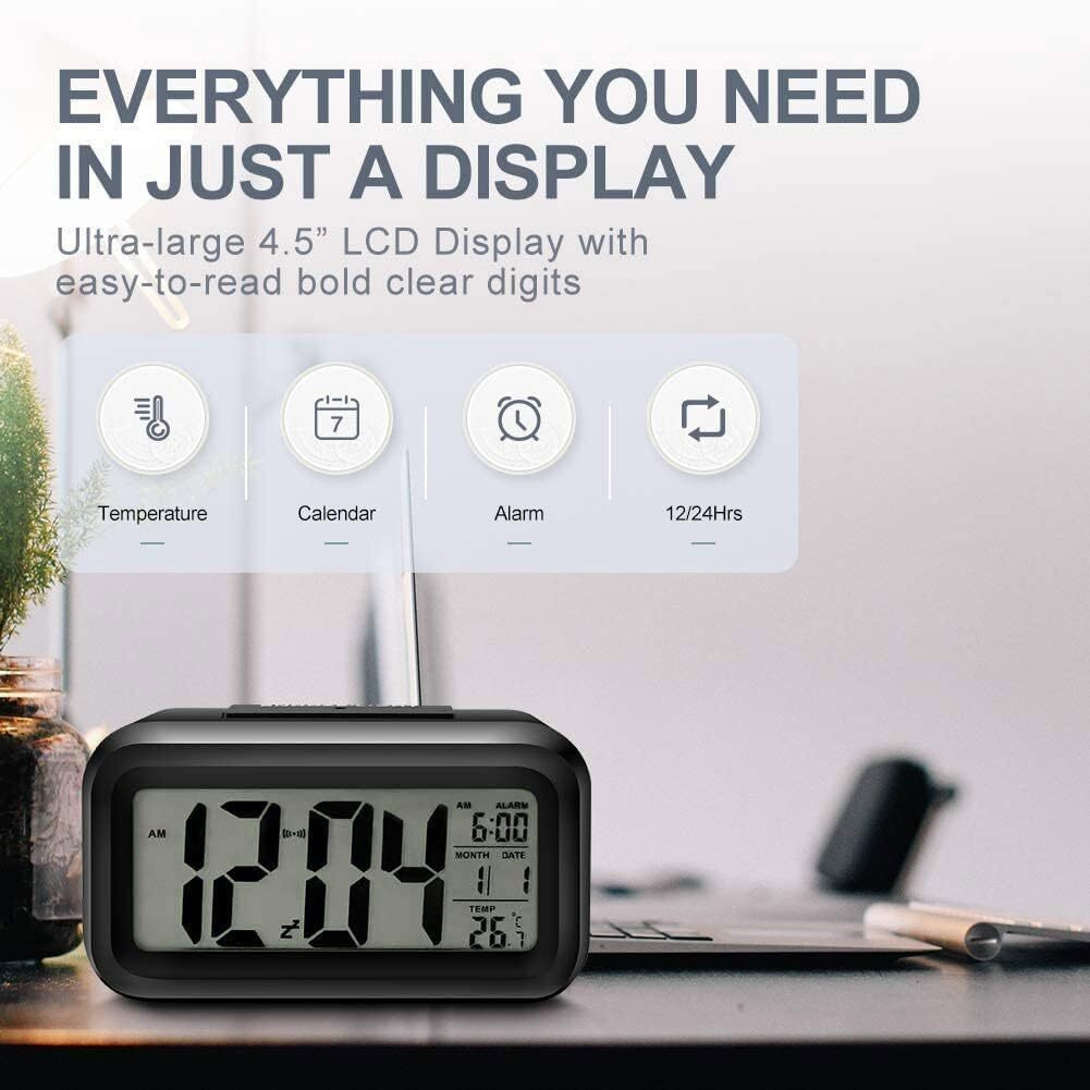 Alarm clock, digital clock, table clock for Students, watch timer for study, Home, Office, Bedroom, kitchen, loud desk alarm clocks for heavy sleepers with Automatic Sensor, Time, Date & Temperature