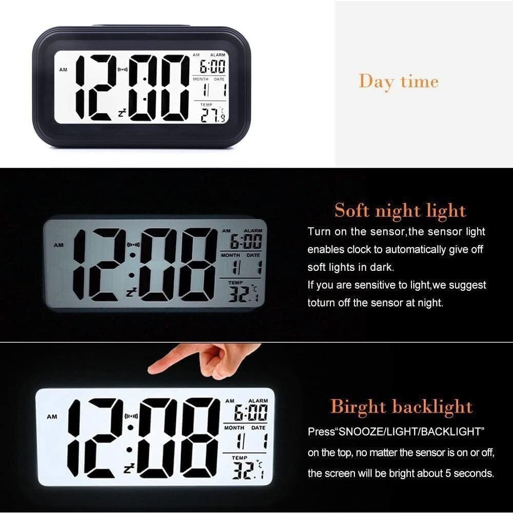 Alarm clock, digital clock, table clock for Students, watch timer for study, Home, Office, Bedroom, kitchen, loud desk alarm clocks for heavy sleepers with Automatic Sensor, Time, Date & Temperature