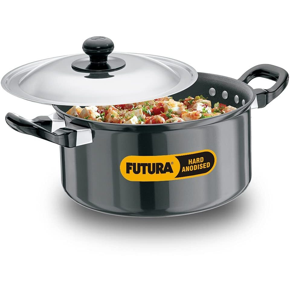 Hawkins Futura 2.25 Litre Cook n Serve Stewpot, Hard Anodised Sauce Pan with Stainless Steel Lid, Cooking Pot with Two Handles, Black (AST225)