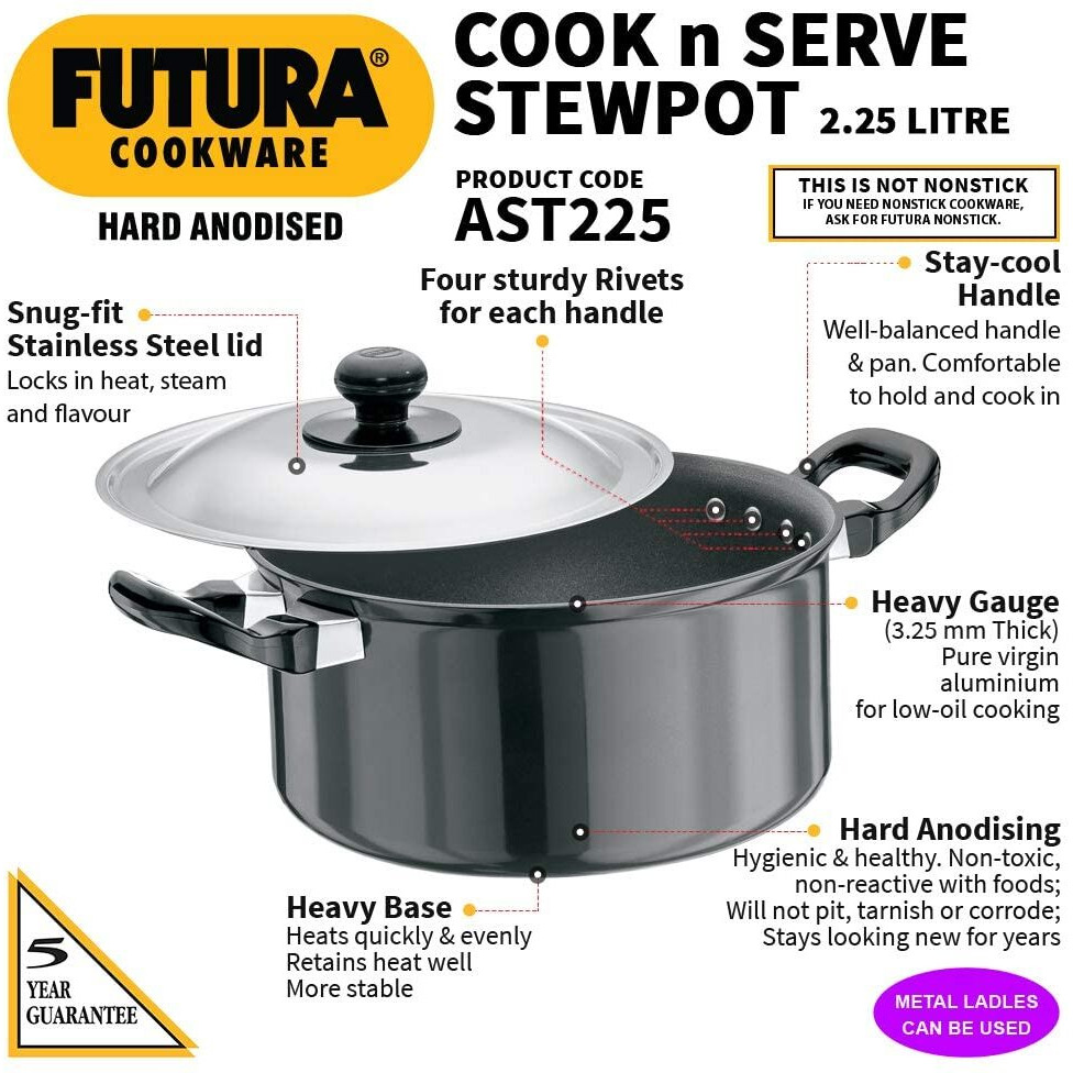 Hawkins Futura 2.25 Litre Cook n Serve Stewpot, Hard Anodised Sauce Pan with Stainless Steel Lid, Cooking Pot with Two Handles, Black (AST225)