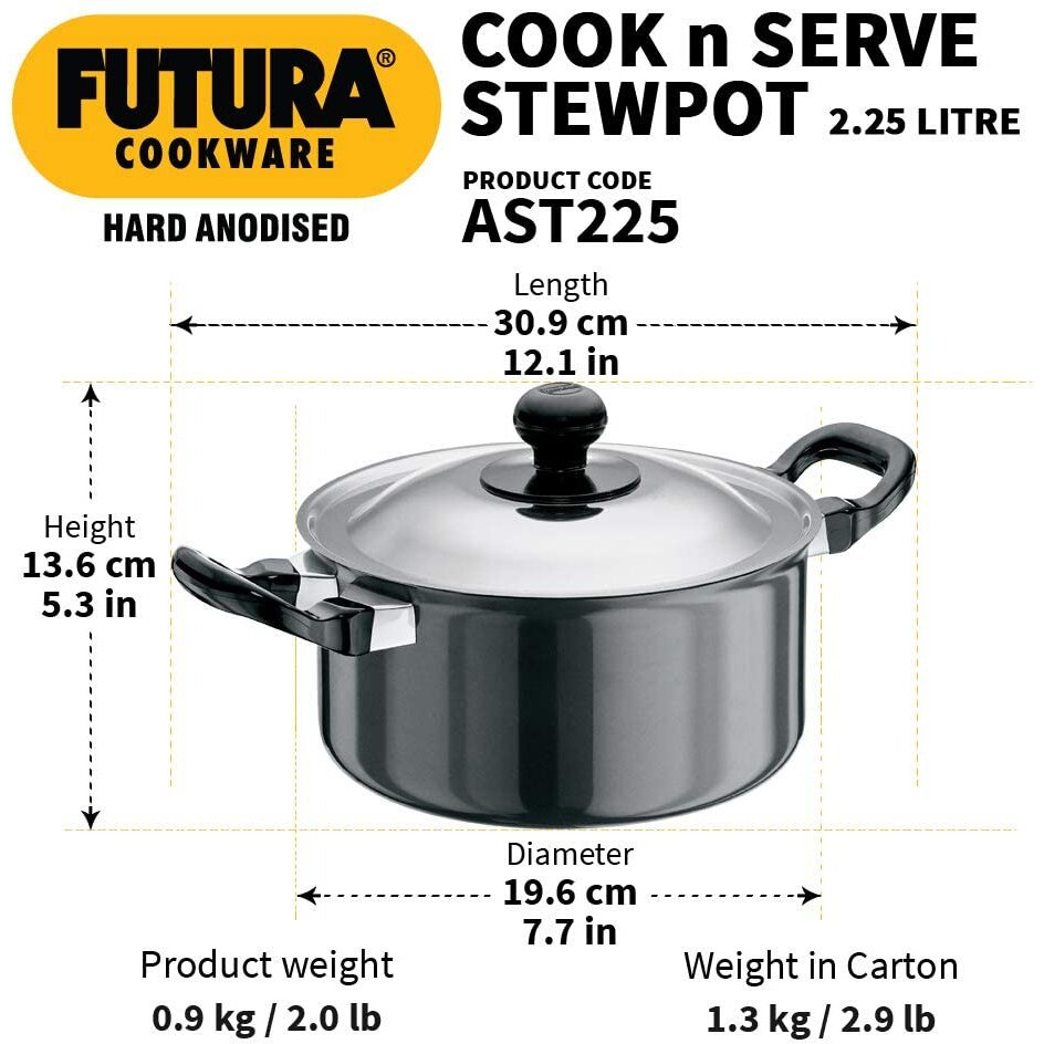 Hawkins Futura 2.25 Litre Cook n Serve Stewpot, Hard Anodised Sauce Pan with Stainless Steel Lid, Cooking Pot with Two Handles, Black (AST225)