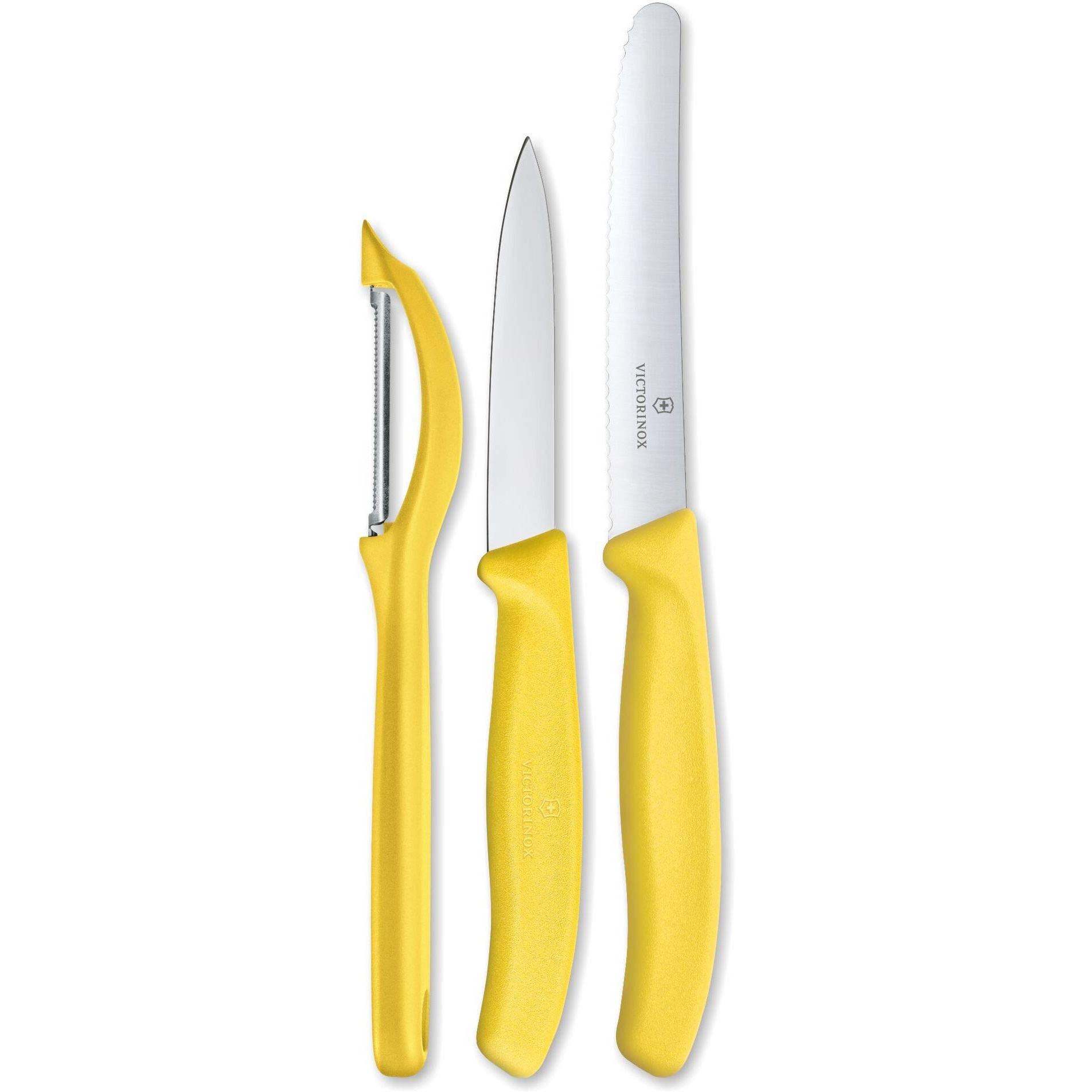 Victorinox Stainless Steel Kitchen Knife Set of 3, Swiss Classic - 11 cm Serrated/Wavy Edge, 8 cm Straight Edge and a Universal Peeler for Professional and Household Kitchen, Yellow, Swiss Made