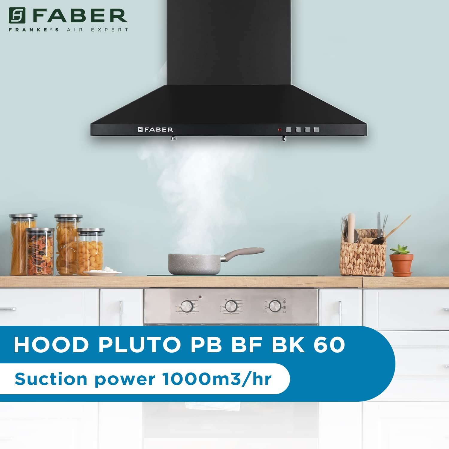 Faber 60 cm 1000 m/hr Kitchen Chimney (HOOD PLUTO PB BF BK 60, Baffle Filter, Push Button, Black)