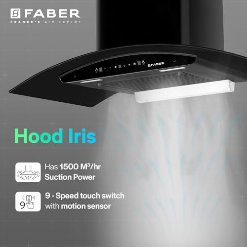 Faber 75cm 1500m/hr BLDC Autoclean Chimney|Black Matt Filterless|Oil Collector|Touch & Gesture Control|9 Speed|LED|12 Yrs on Motor, 2 Yrs Comprehensive Warranty by Faber|HOOD IRIS BLDC FL HC BK 75