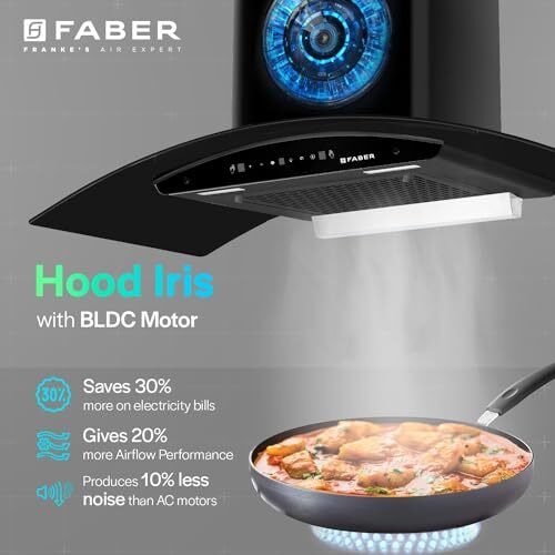 Faber 90cm 1500m/hr BLDC Autoclean Chimney|Black Matt Filterless|Oil Collector|Touch & Gesture Control|9 Speed|LED|12 Yrs on Motor, 2 Yrs Comprehensive Warranty by Faber|HOOD IRIS BLDC FL HC BK 90