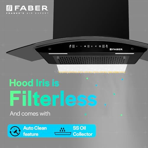 Faber 90cm 1500m/hr BLDC Autoclean Chimney|Black Matt Filterless|Oil Collector|Touch & Gesture Control|9 Speed|LED|12 Yrs on Motor, 2 Yrs Comprehensive Warranty by Faber|HOOD IRIS BLDC FL HC BK 90