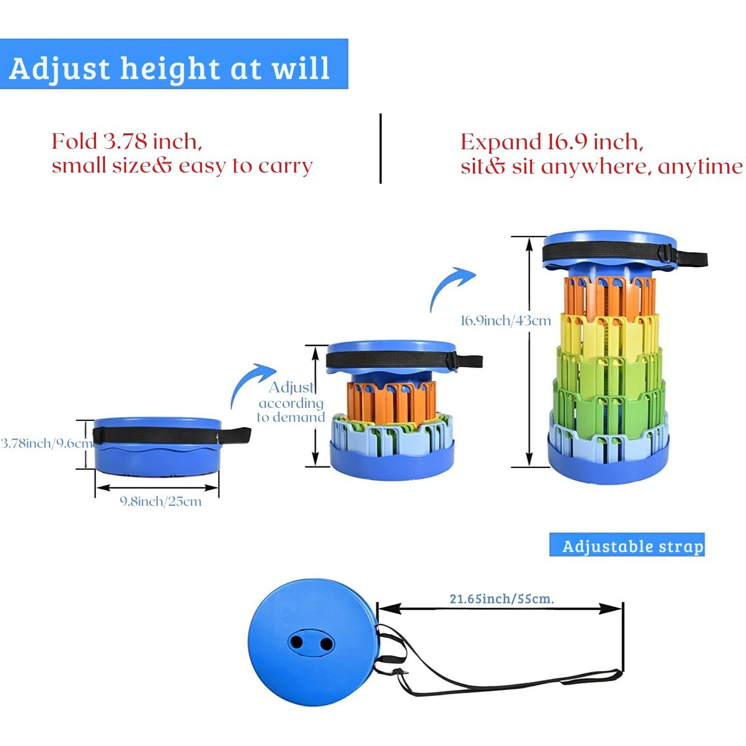 Soldtrue Plastic Portable Adjustable Foldable Stool For Indoor, Outdoor, Camping, Picnic, Gardening Travel Heavy Quality Material (Rainbow Color) - 15 Cm, 10 Cm, Multicolor