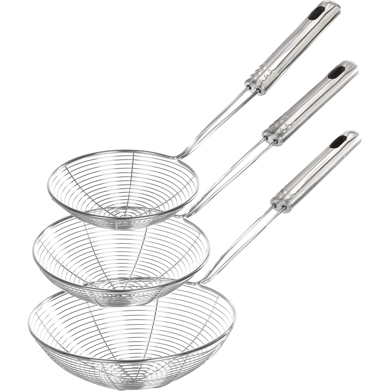 Stainless Steel Spider Strainer Skimmer Ladle, Set of 3 Sizes Kitchen Strainer for Cooking and Frying, Pasta Strainer, Food Preparation, Pasta Strainer