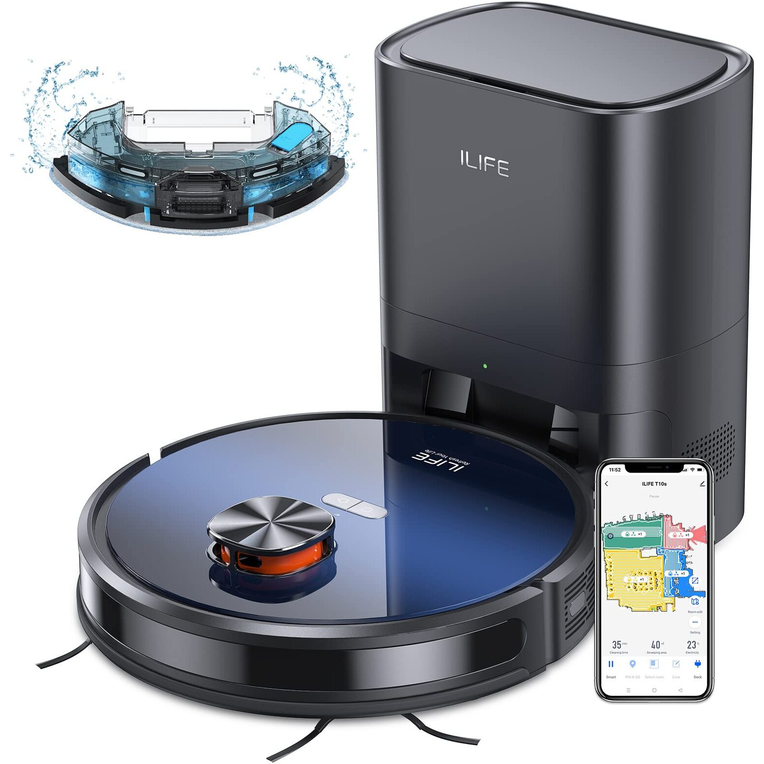 ILIFE A10s Dry & Wet Lidar Robot Vacuum,Smart Laser Navigation and Mapping,2000Pa Strong Suction,Wi-Fi Connected,Multiple-Floor Mapping,2-in-1 Roller Brush