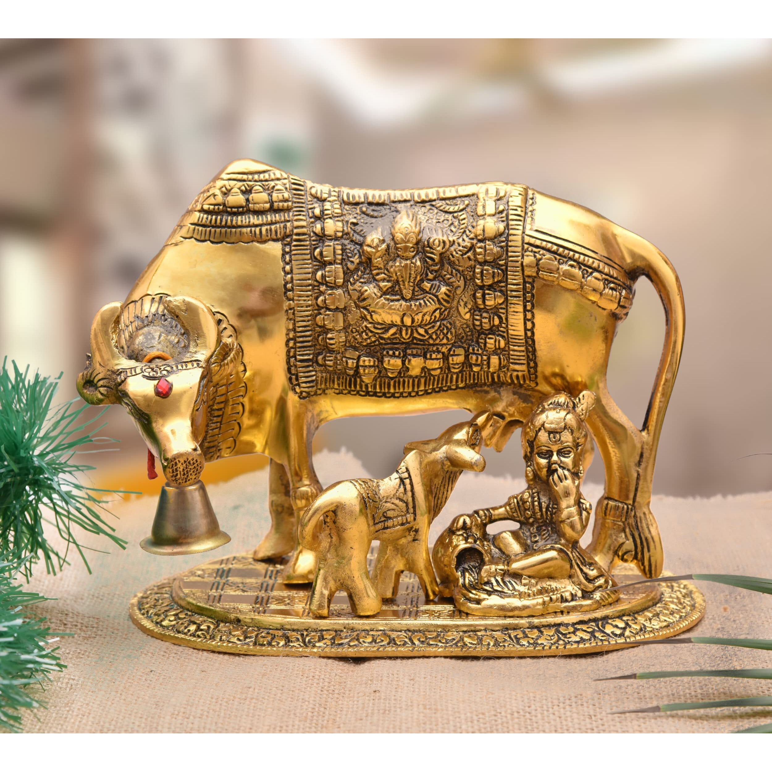 Nirmal Handicraft Metal Kamdhenu Cow and Calf Idol Gold Finish Holy Spiritual Showpiece for Vastu