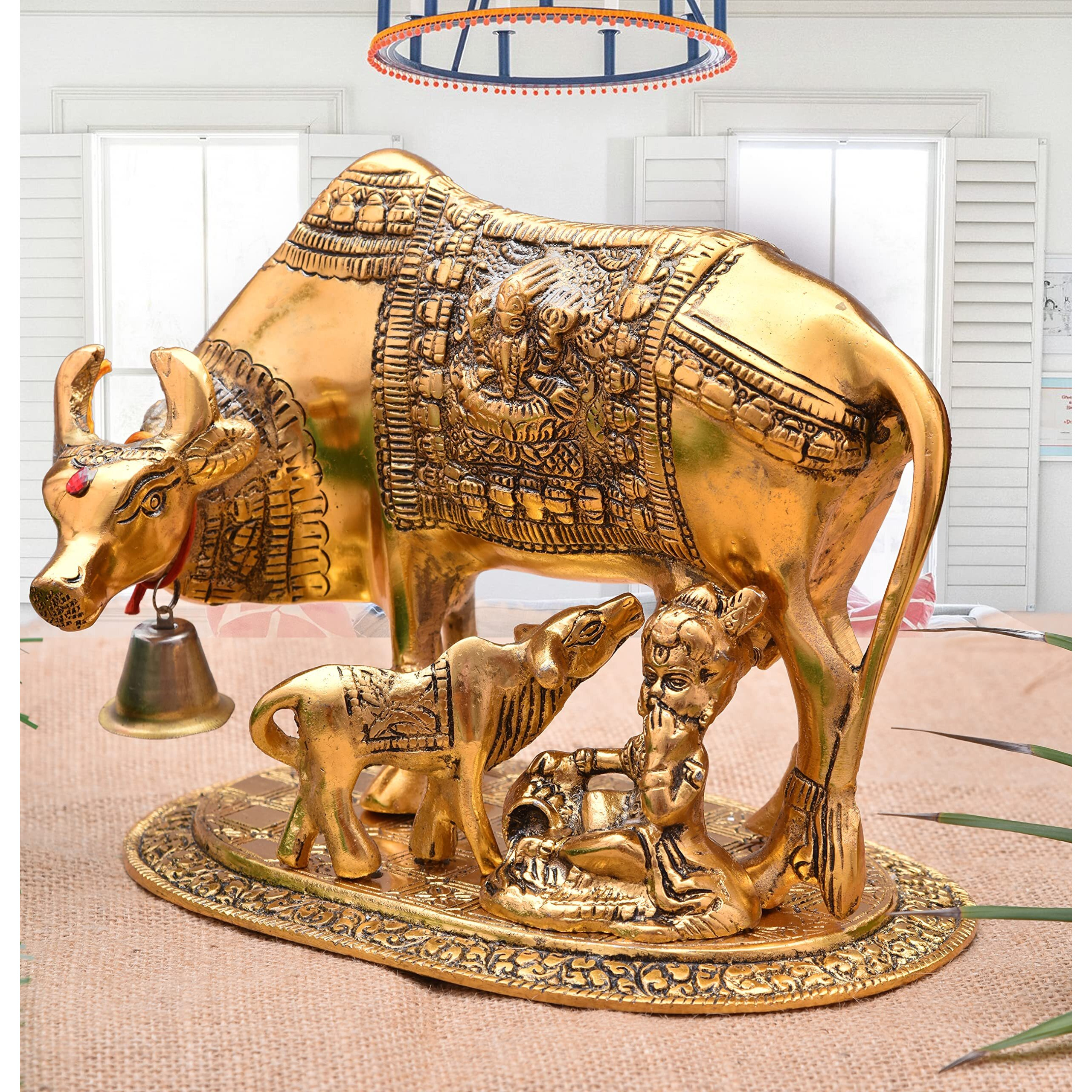 Nirmal Handicraft Metal Kamdhenu Cow and Calf Idol Gold Finish Holy Spiritual Showpiece for Vastu