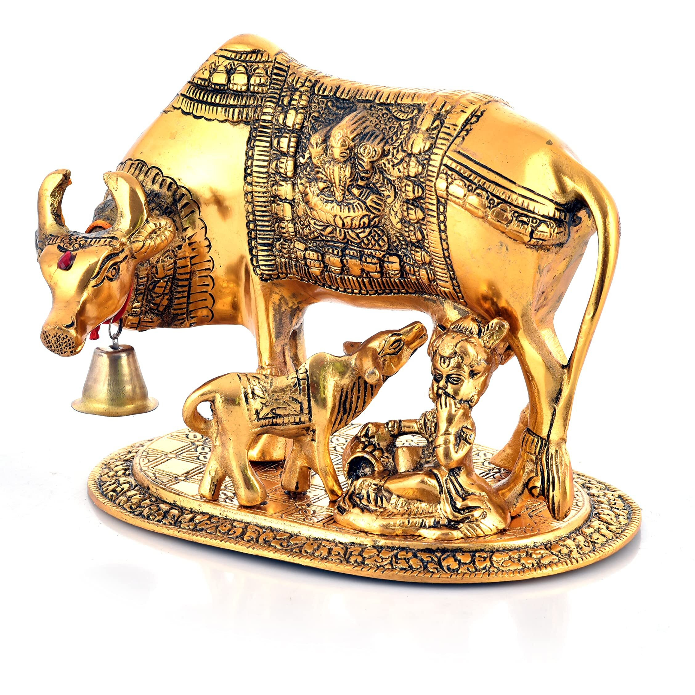 Nirmal Handicraft Metal Kamdhenu Cow and Calf Idol Gold Finish Holy Spiritual Showpiece for Vastu