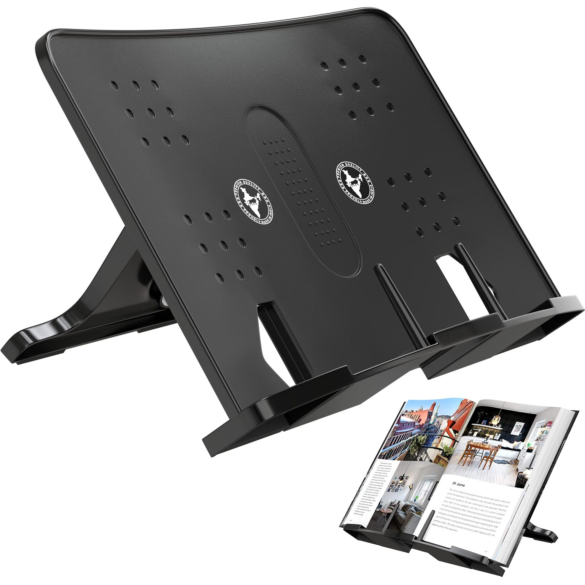 ELV Direct Book Holder Stand, Portable Handsfree Reading,Book Holding Tray, Sturdy, Lightweight, A4 Size (28cmX21cm)/(11 inchesX8.2 inches), Black