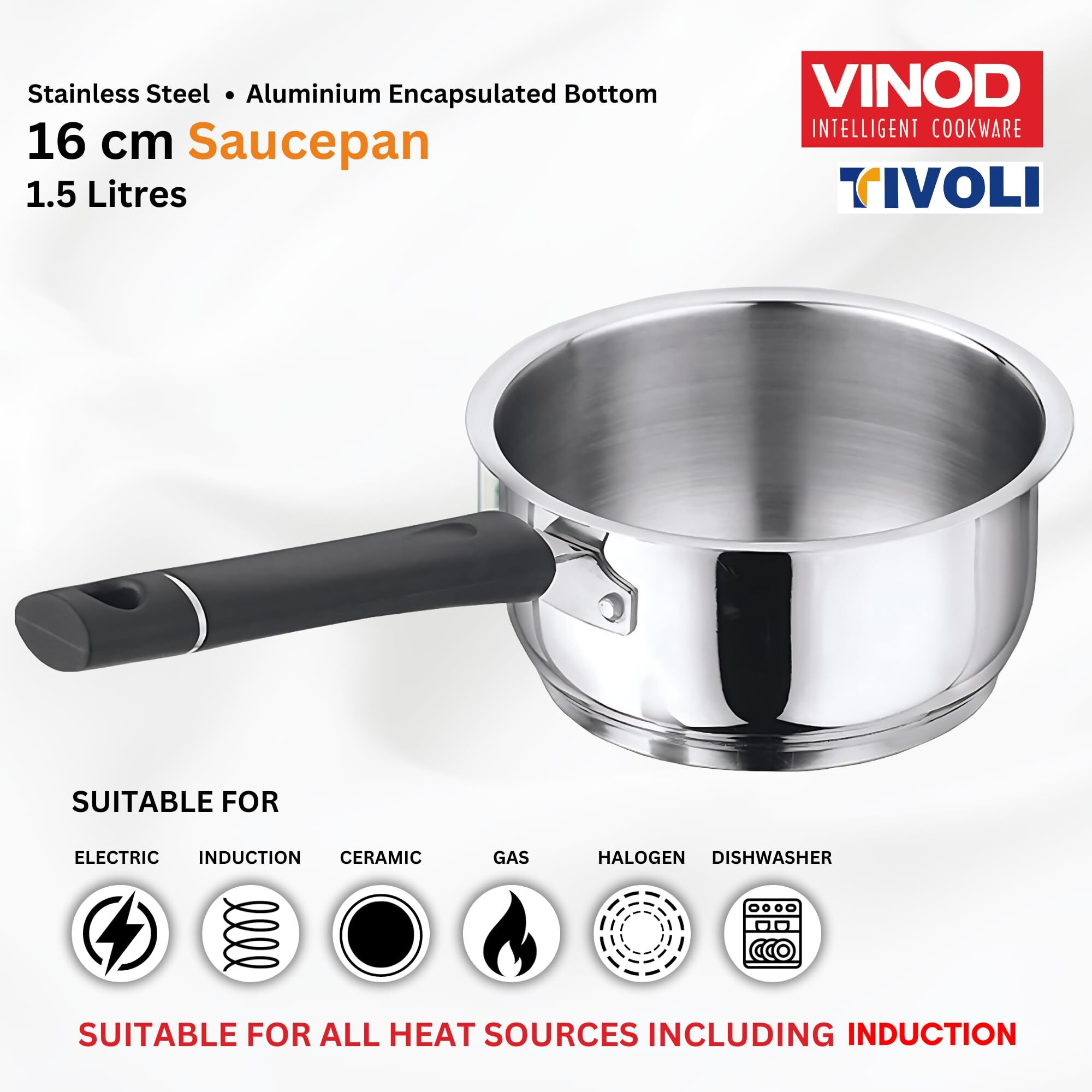 Vinod Tivoli Heavy Guage Stainless Steel Saucepan - 1.5 litre (16cm) | SAS Bottom | 2 Layer Extra Thick Aluminum Core | Induction and Gas Base | Bakelite Handle - 2 Year Warranty