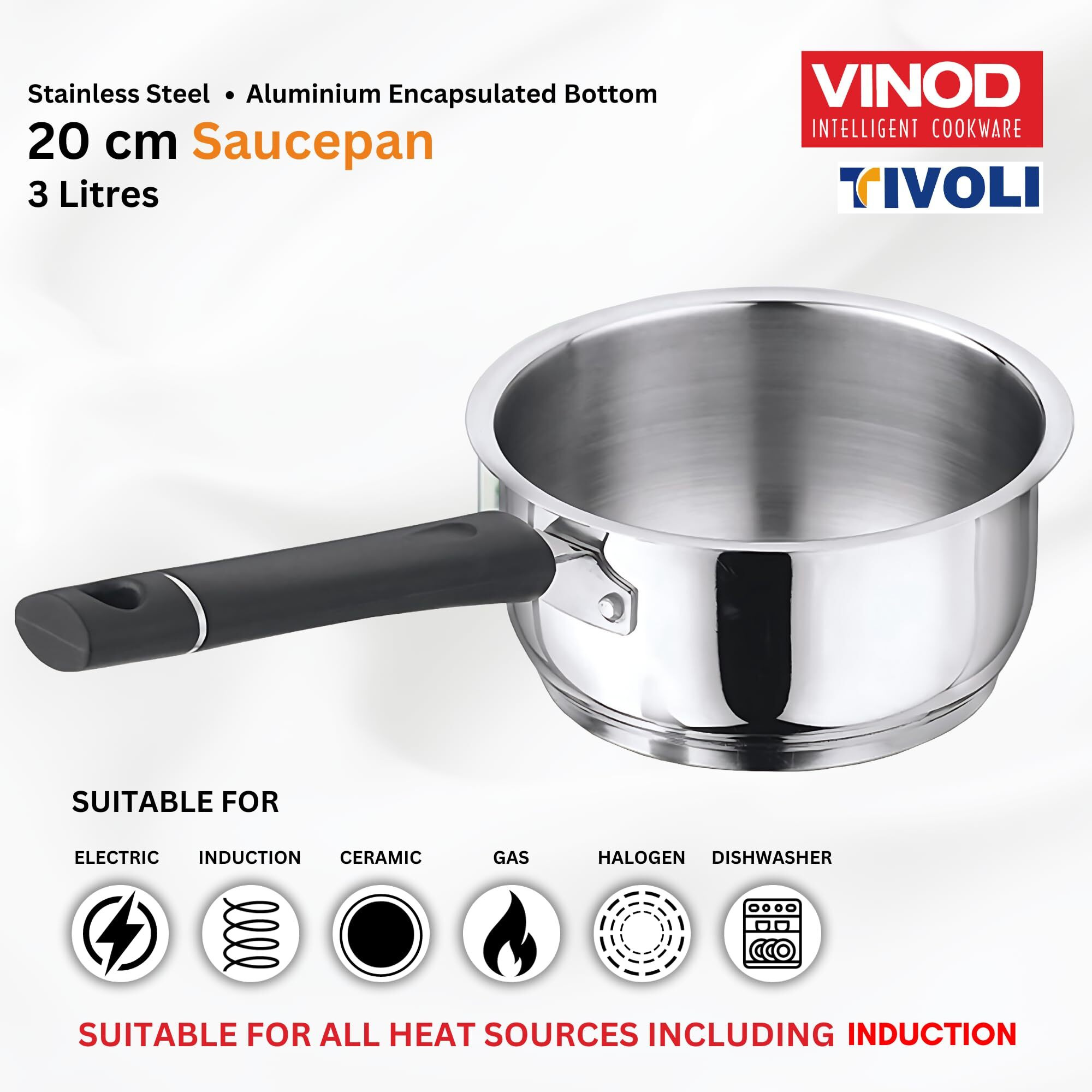 Vinod Tivoli Heavy Guage Stainless Steel Saucepan - 3 litre (20cm) | SAS Bottom | 2 Layer Extra Thick Aluminum Core | Induction and Gas Base | Bakelite Handle - 2 Year Warranty