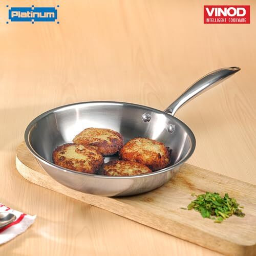 Vinod Platinum Triply Stainless Steel Frypan 20 cm | 2.5 mm Thick | Steel Pan | Scratch Resistant | 5 Year Warranty | Induction & Gas Friendly, Heavy Bottom