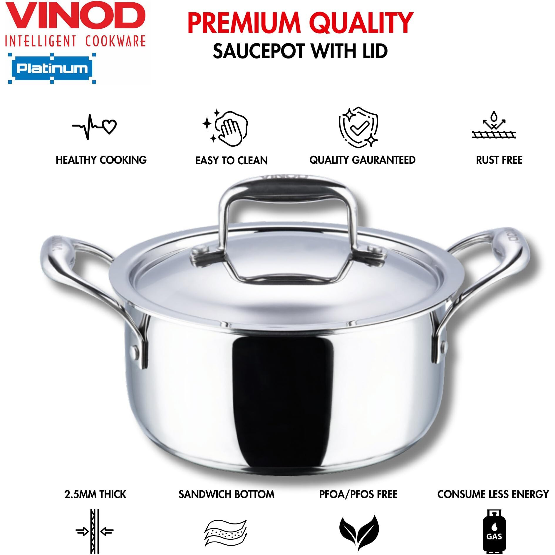 Vinod Platinum Triply Stainless Steel Saucepot with Stainless Steel Lid 4 litres Capacity (22 cm Diameter) with Riveted Handles - Silver (Induction and Gas Stove Friendly)