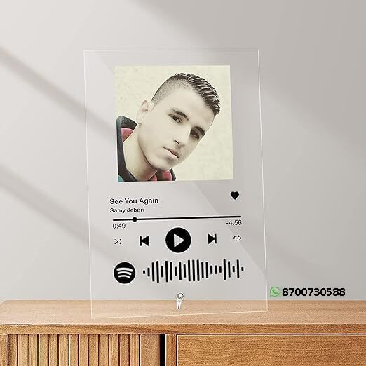 Giftplease Customized Photo and song Spotify Frame With Steel Removable Stand | Personalized Printed Plaque with scannable code | Gift | Birthday | Anniversary (Transparent, Acrylic, 6 * 9 Inches)