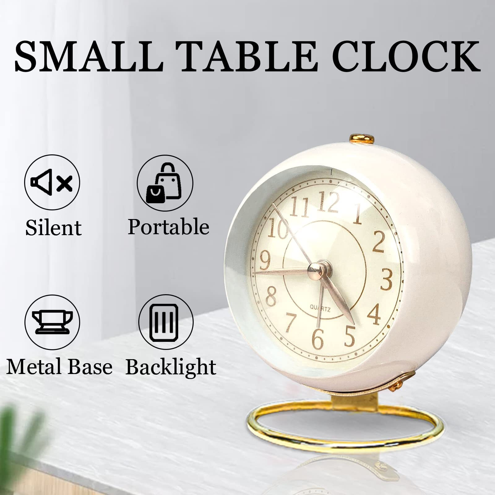 Kadio Small Table Clocks, Classic Non-Ticking Tabletop Alarm Clock Battery Operated Desk Clock with Backlight HD Glass for Bedroom Living Room Kitchen Indoor Decor (White)