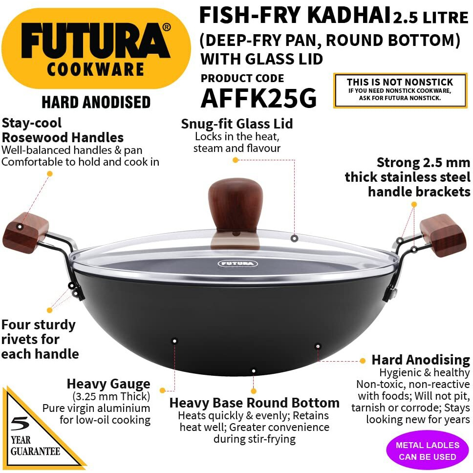 Hawkins Futura Aluminium Deep-Fry Pan with Glass Lid, 2.5 L, Black