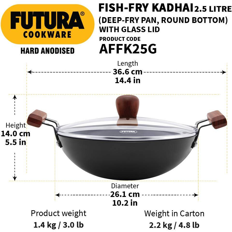 Hawkins Futura Aluminium Deep-Fry Pan with Glass Lid, 2.5 L, Black