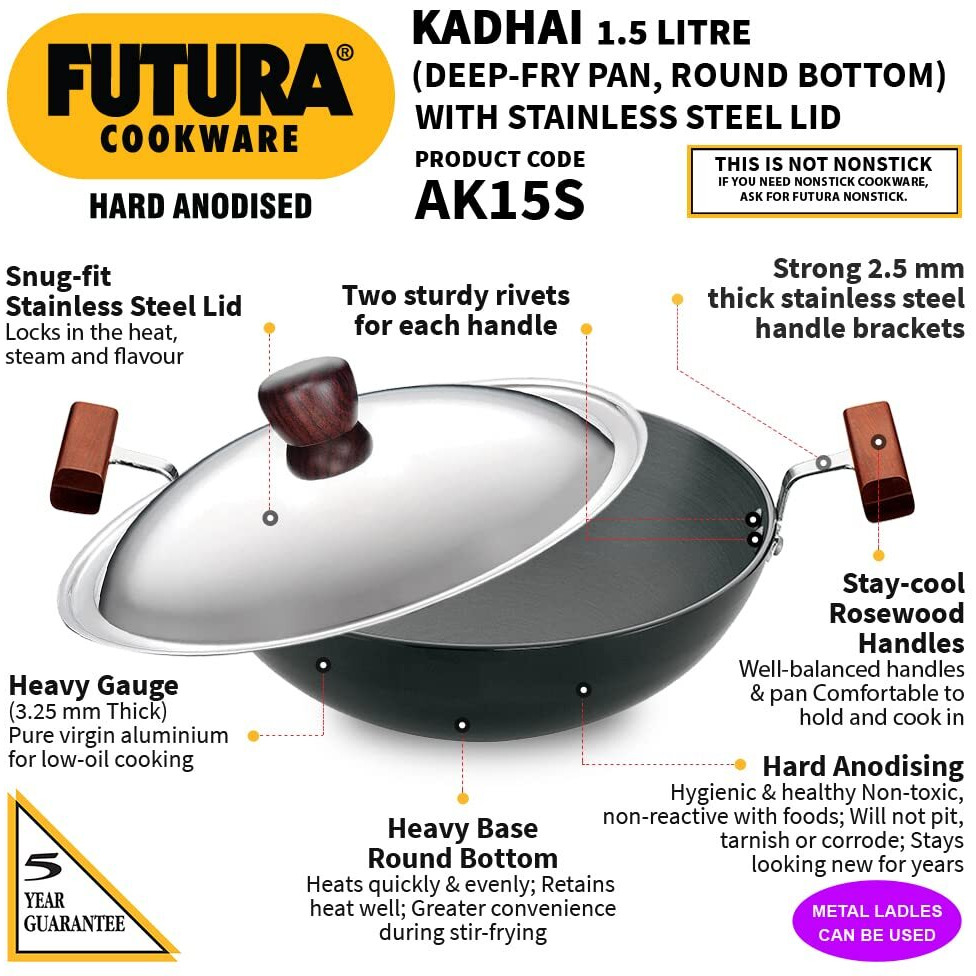 Hawkins Futura 1.5 Litre Deep Fry Pan, Hard Anodised Kadai with Stainless Steel Lid, Round Bottom Kadhai, Small Kadai, Black (AK15S)