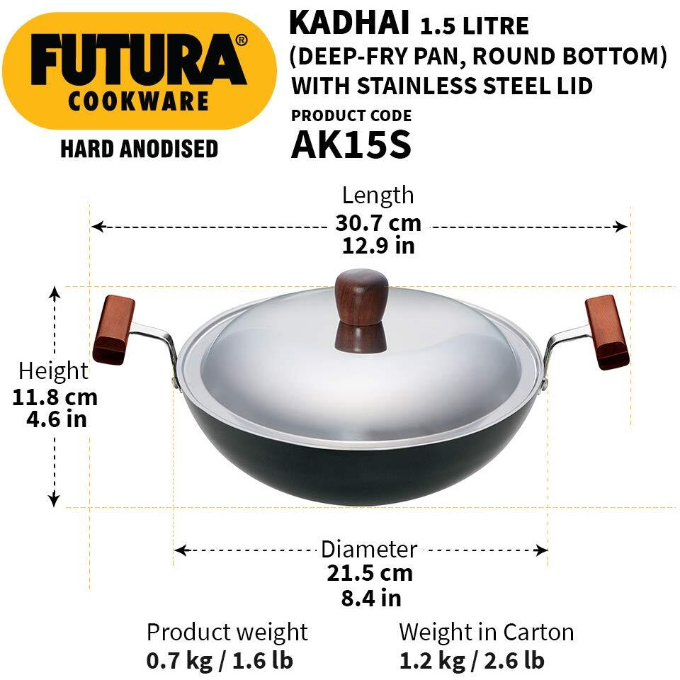 Hawkins Futura 1.5 Litre Deep Fry Pan, Hard Anodised Kadai with Stainless Steel Lid, Round Bottom Kadhai, Small Kadai, Black (AK15S)