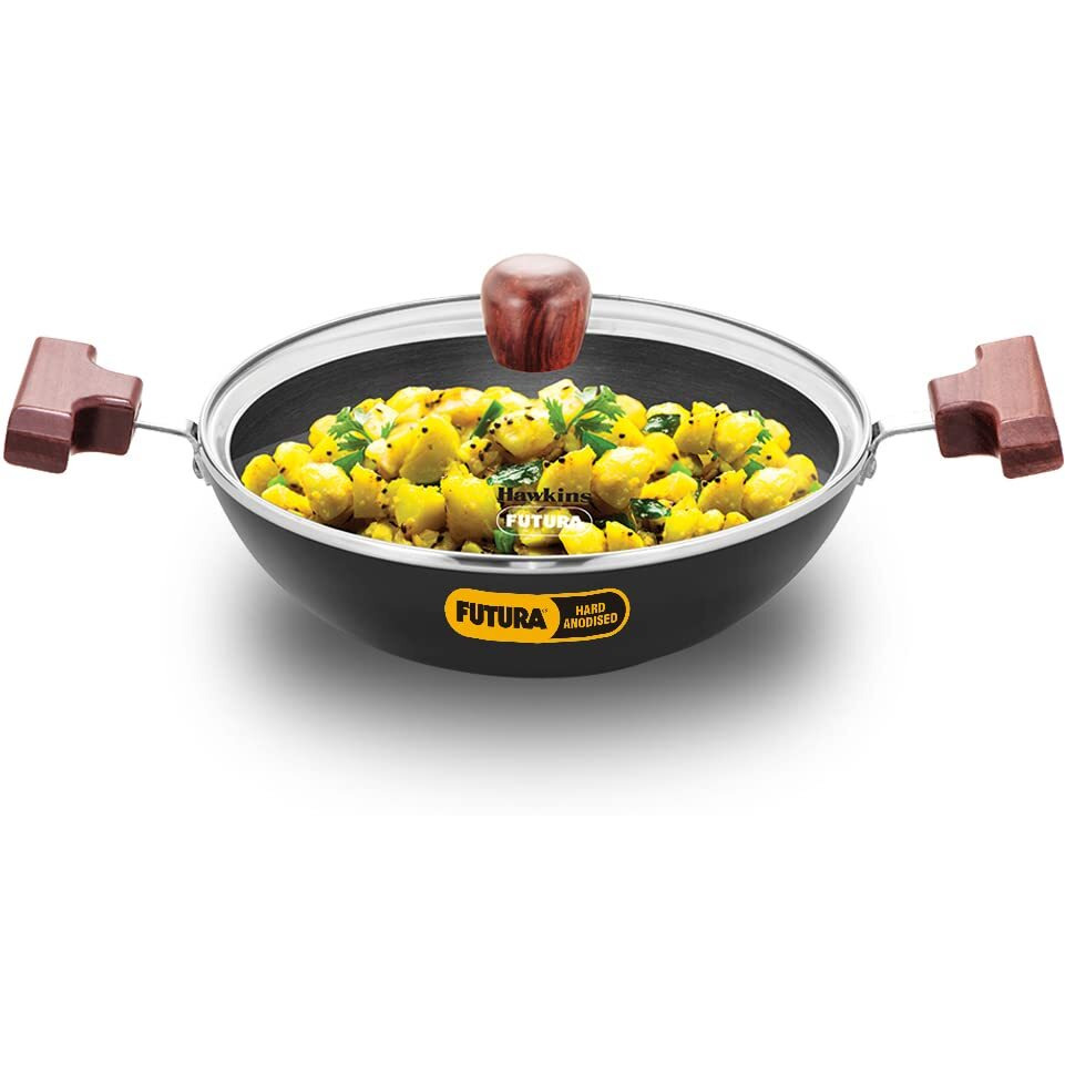 Hawkins Futura 1.5 Litre Deep Fry Pan, Hard Anodised Kadai with Glass Lid, Round Bottom Kadhai, Small Kadai, Black (AK15G)