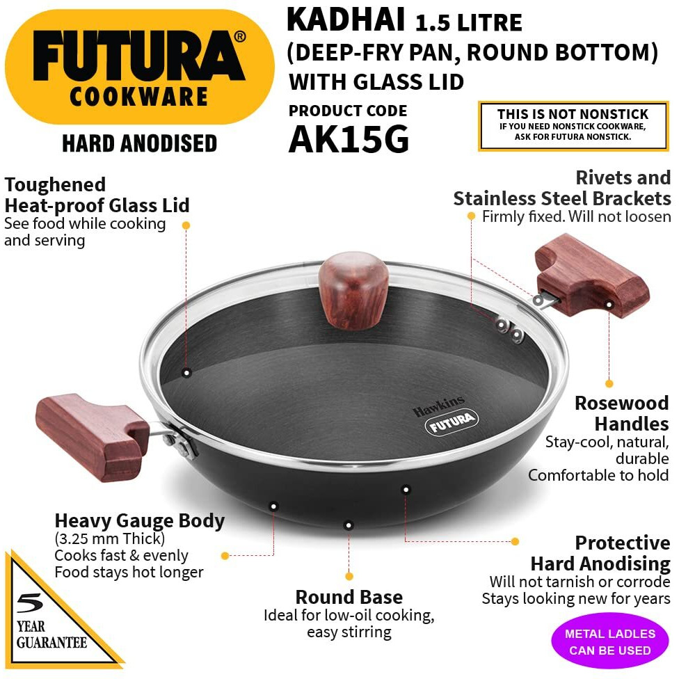 Hawkins Futura 1.5 Litre Deep Fry Pan, Hard Anodised Kadai with Glass Lid, Round Bottom Kadhai, Small Kadai, Black (AK15G)