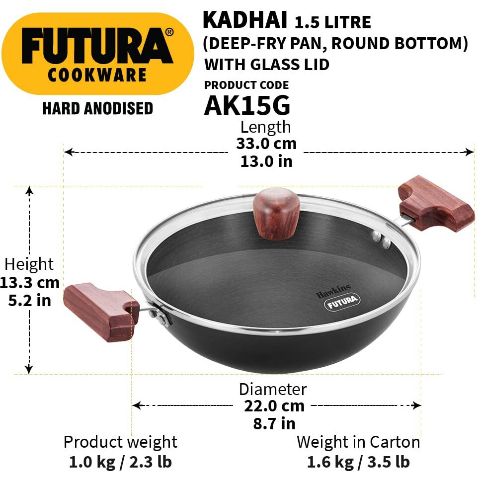 Hawkins Futura 1.5 Litre Deep Fry Pan, Hard Anodised Kadai with Glass Lid, Round Bottom Kadhai, Small Kadai, Black (AK15G)