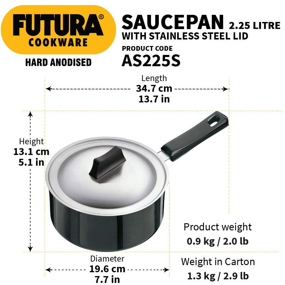 Hawkins Futura 2.25 Litre Saucepan, Hard Anodised Sauce Pan with Stainless Steel Lid, Cooking Pot with Long Handle, Black (AS225S)